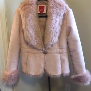Dusty pink faux suede fur lined/trimmed jacket